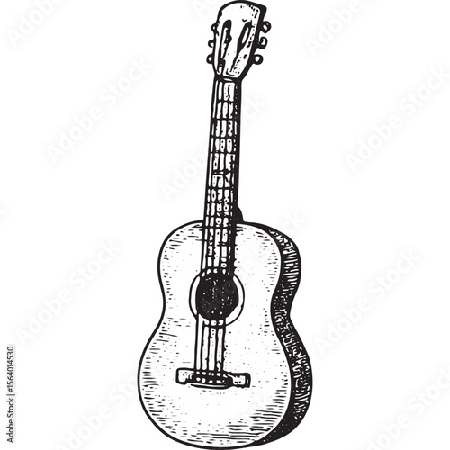 Explore this finely detailed black-and-white guitar illustration, perfect for music and art enthusiasts