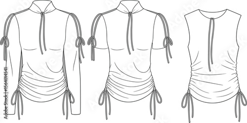 Fashion flat sketch of ruched tops with adjustable side and shoulder ties, sleeveless and sleeve options – technical drawing