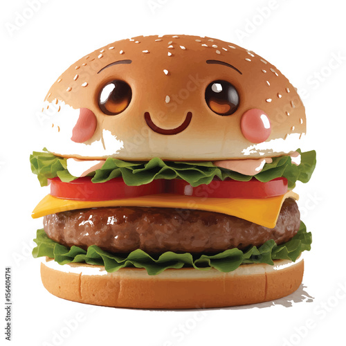 A cute cartoon hamburger with a smiling face and fresh ingredients sits isolated on a white background