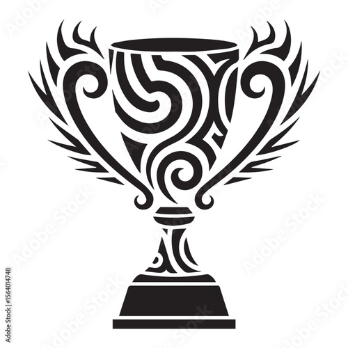 An intricately designed black and white trophy with tribal patterns isolated on white background, symbolizing victory and achievement