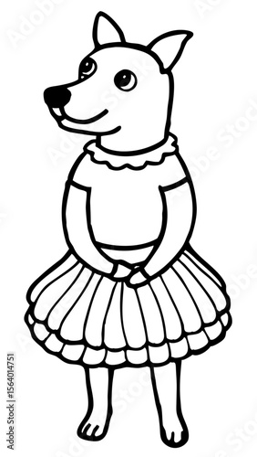 Dog wearing a tutu standing with a smiling expression  