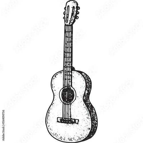 Explore this finely detailed black-and-white guitar illustration, perfect for music and art enthusiasts