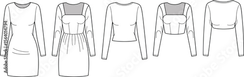 Long-sleeve fitted dress and top fashion flats with sheer paneling, princess seams, cropped and mini dress styles – technical sketch