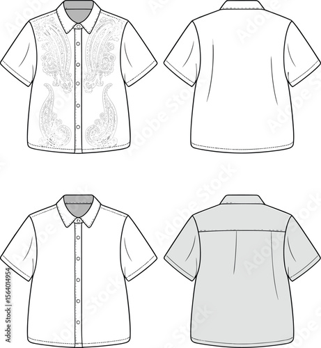 Short-sleeve button-up shirt fashion flat sketch with paisley embroidery, collar detail, back yoke and front button placket