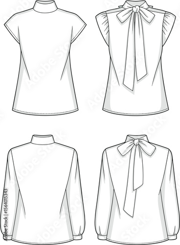 Women’s bow neck blouse flat sketch – mock neck blouse with cap and long sleeves, tie bow front and back