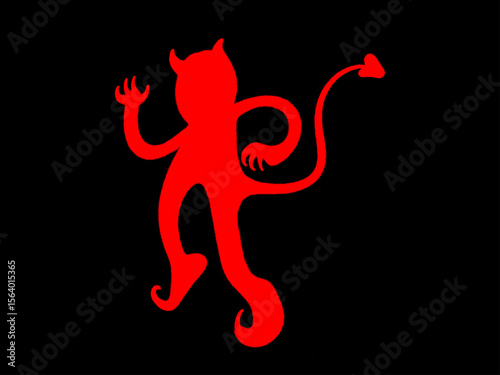 Vector icon of red devil silhouette with horns and tail on black background. Graffiti-style spray paint texture with drips and grunge street art effect.
