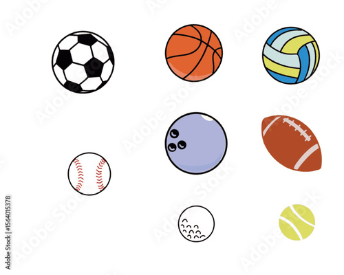 Set of sport balls including tennis, soccer, volleyball, basketball, football, baseball and golf.