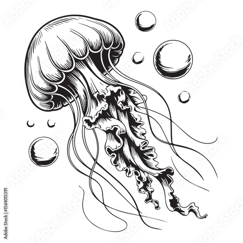 A black and white vector illustration of a jellyfish with bubbles isolated on white background