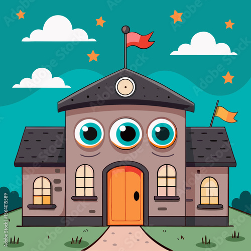 Cartoon school building with large eyes and flags under a blue sky  