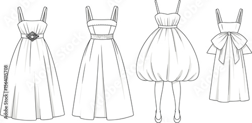 Fashion flats of elegant spaghetti strap dresses – midi and mini lengths with embellishments, balloon skirts, and bow back