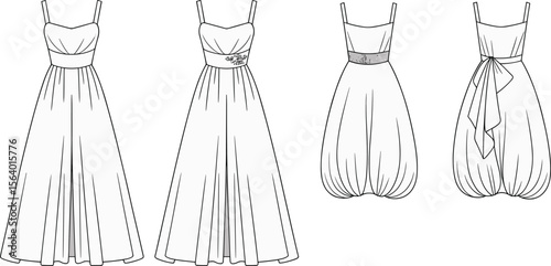 Elegant evening gown fashion flats – spaghetti strap long dresses with gathered skirts, waist details, and bow back design