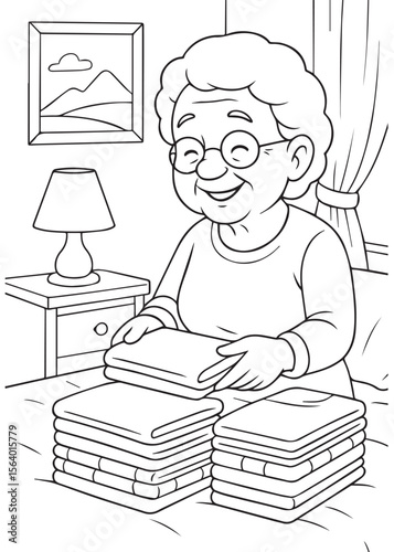 Coloring book grandma folding clean laundry at home.
