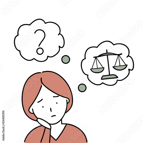 Thoughtful woman contemplating legal balance and questions about life  
