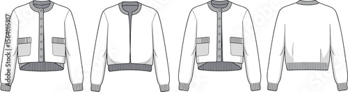 Technical flats of cropped women’s cardigans and bomber jackets – button front, ribbed trim, pockets, and relaxed casual fit