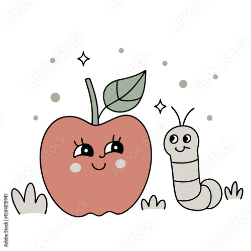Happy red apple with eyes and a friendly worm in a playful style  