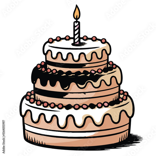 A threetiered birthday cake with white frosting, pink berries, and a lit candle isolated on white background