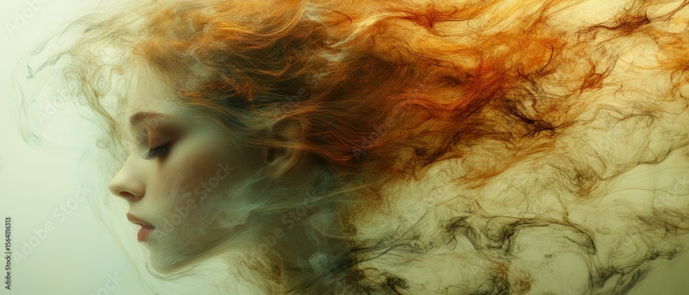 Fototapeta premium Woman submerged in swirling smoke, profile view