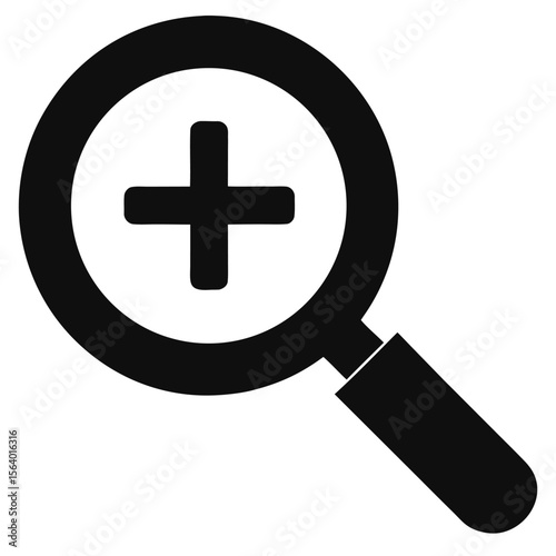 Vector magnifying glass icon with medical cross symbol for search and health concepts