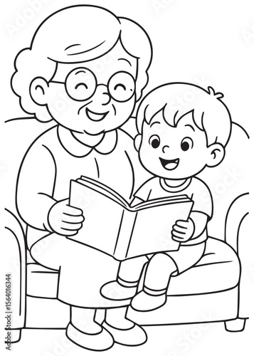 Coloring book grandma reading a book to her grandson.