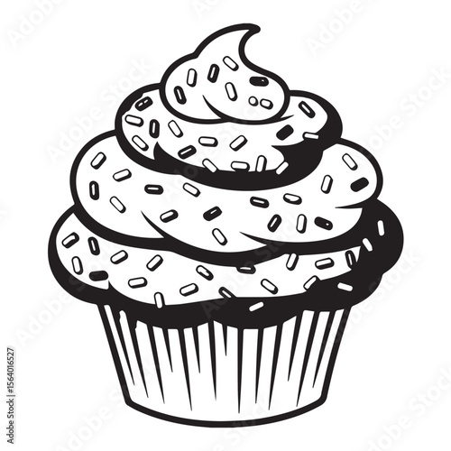 A black and white cupcake with sprinkles is isolated on white background