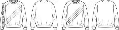 Crewneck sweatshirt technical flat – unisex casual pullover with dotted stripe detail, ribbed cuffs and hem, fashion sketch