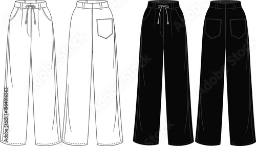 Wide-leg drawstring pants technical flat – women’s casual trousers with patch pockets, relaxed fit fashion sketch illustration