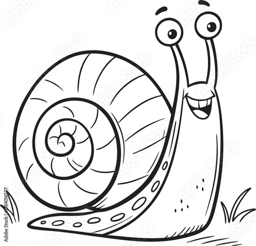 A cute cartoon snail with a brown shell smiles on a white background, a fun nature illustration