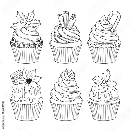 Six cupcakes with different toppings are isolated on white background