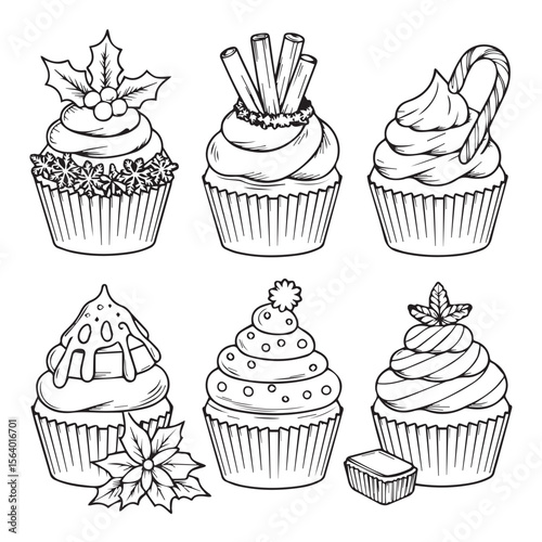 Six cupcakes with festive toppings are isolated on white background