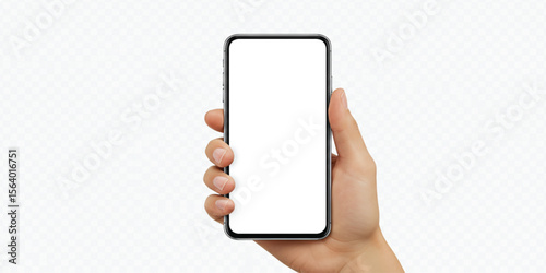Hand Holding Smartphone Mockup – Blank Screen Mobile Device in Human Hand Isolated on Transparent Background for App UI, Web Design, Display Preview