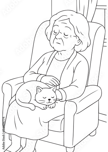 Coloring book grandma petting a cat on her lap.