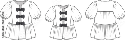 Girl’s peplum blouse technical flat with puff sleeves and bow closures – front, three-quarter, and back fashion sketch