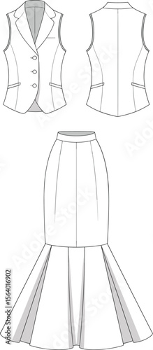 Women’s tailored vest and fishtail mermaid skirt – fashion flat sketch front and back views of elegant two-piece outfit