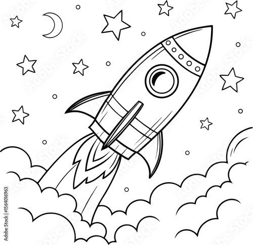 A vibrant cartoon rocket flies past a planet and stars, illustrating space travel and exploration