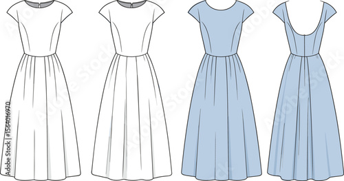 Women's fit and flare midi dress with cap sleeves – flat fashion sketch showing front and back technical views