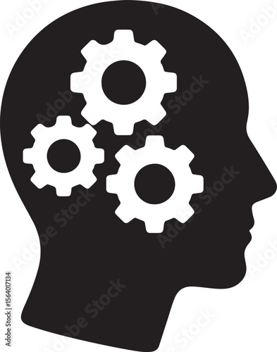 Silhouette vector of gears turning inside a head, representing thinking, intelligence, problem-solving, and innovation.