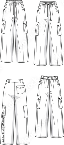 Women’s wide-leg cargo pants – flat fashion sketch of utility trousers with flap pockets, drawstring and elastic waistband options