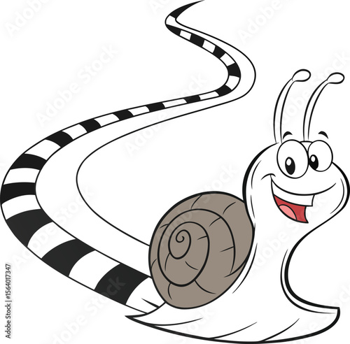 A cute cartoon snail with a colorful shell smiles as it slowly makes its way across a white surface
