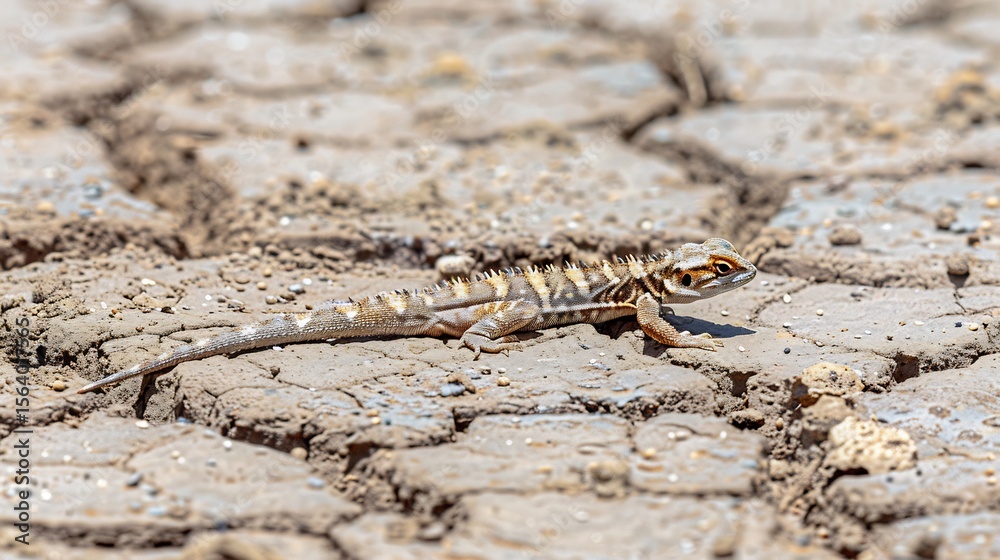Fototapeta premium Thorny devil lizard crawling across cracked earth, intense texture detail, low sunlight, 2025 trend desert adaptation highlight