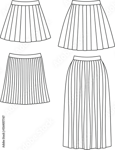 Women’s pleated skirts fashion flat sketch set – short, midi, and long technical illustrations for garment design templates