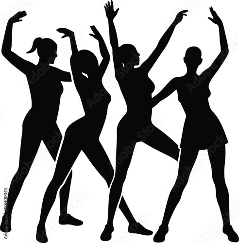 Silhouette of four women dancing in unison 