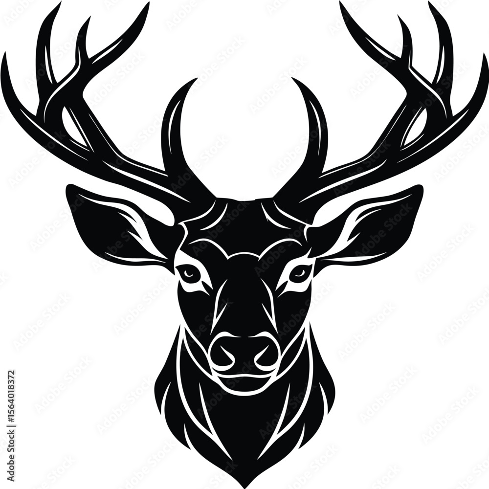 Naklejka premium Stylized black and white illustration of a majestic deer head with antlers isolated on transparent background