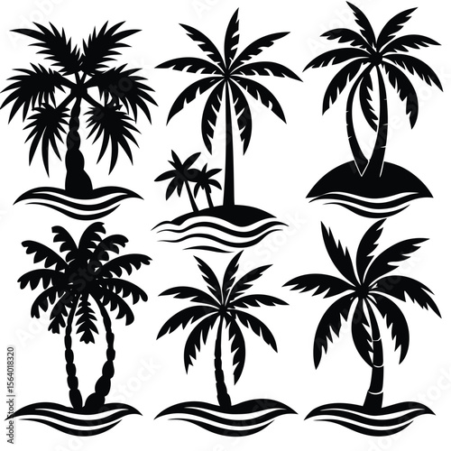 Collection of stylized black silhouette palm trees on small islands with wavy water isolated on transparent background