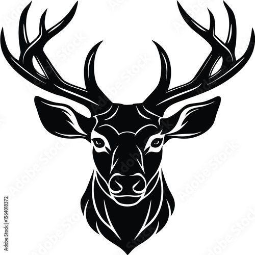 Stylized black and white illustration of a majestic deer head with antlers isolated on transparent background