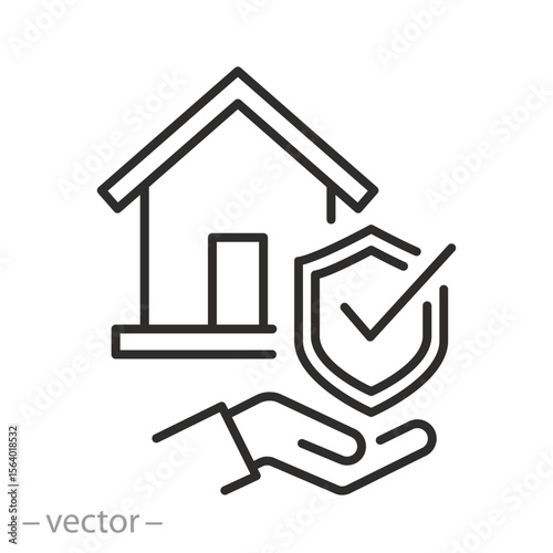 insurance house icon, house with shield, property insurance, real estate, thin line symbol on white background - editable stroke vector illustration eps10