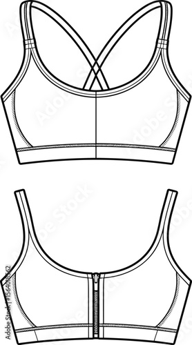 Vector technical sketch of women's sports bra front and back view, activewear top with cross back straps and zipper detail design