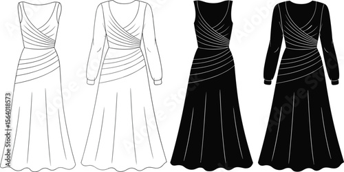 Draped evening dresses – long sleeve and sleeveless gown fashion flats with gathered waist and flared skirt designs