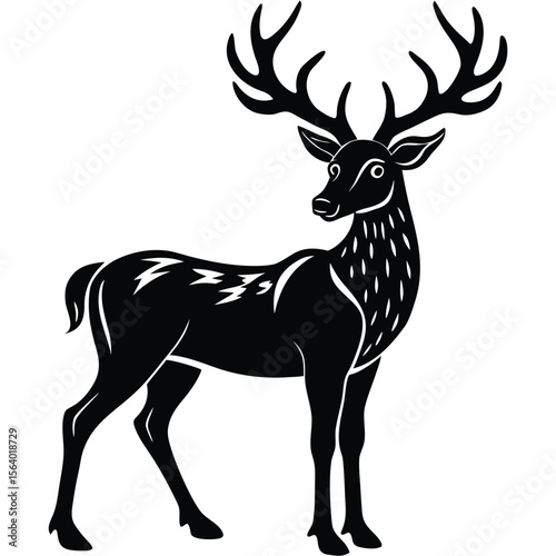 Elegant black silhouette of a majestic stag with large antlers and decorative markings on its body isolated on transparent background