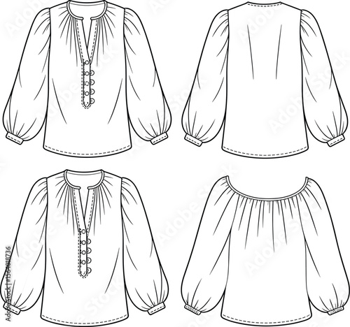 Girls' peasant blouse with balloon sleeves – gathered neckline, button placket front and back views for casual or vintage outfits