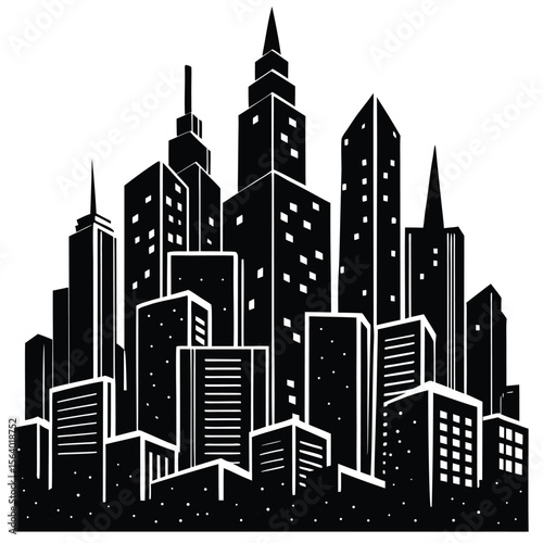 Stylized black silhouette of a dense urban cityscape with diverse skyscraper architecture and illuminated windows isolated on transparent background